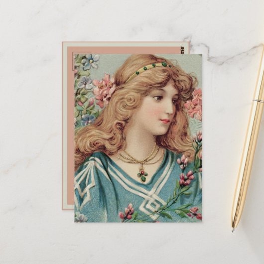 ピンクと青の花を髪に飾ったビクトリア時代の貴婦人 ポストカード (正面/裏面インサイチュ)
