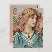ピンクと青の花を髪に飾ったビクトリア朝の貴婦人 ポストカード (正面/裏面)