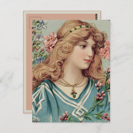 ピンクと青の花を髪に飾ったビクトリア朝の貴婦人 ポストカード (正面/裏面)