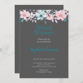 ピンクと青の花グレーのブライダルシャワー 招待状 (正面/裏面)