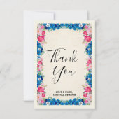 ピンクと青の花ファンシーの枠結婚の数 サンキューカード (正面)