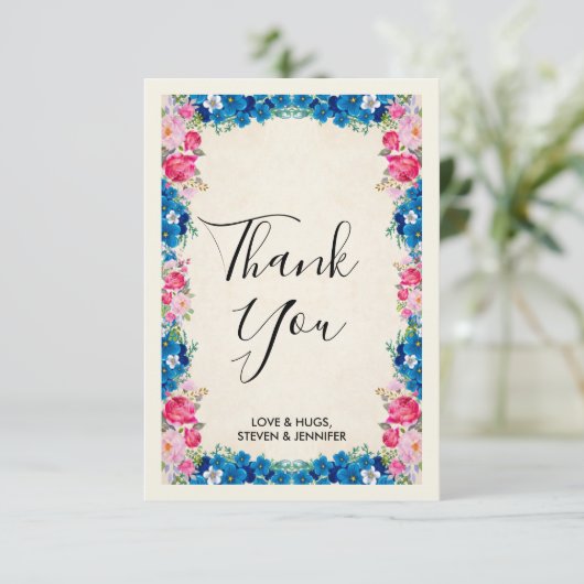 ピンクと青の花ファンシーの枠結婚の数 サンキューカード (スタンド正面)