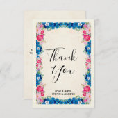ピンクと青の花ファンシーの枠結婚の数 サンキューカード (正面/裏面)