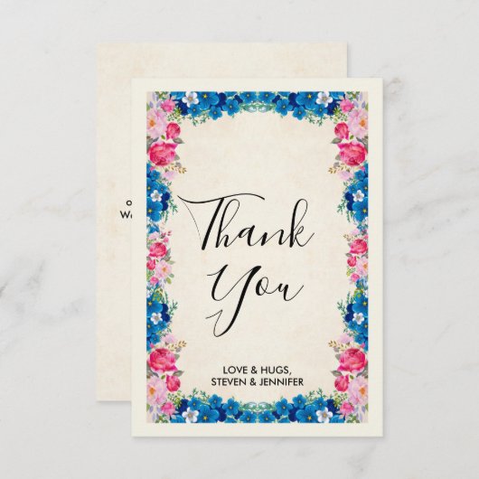 ピンクと青の花ファンシーの枠結婚の数 サンキューカード (正面/裏面)