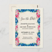 ピンクと青の花ファンシーの結婚式の日付を保存 ポストカード (正面/裏面)