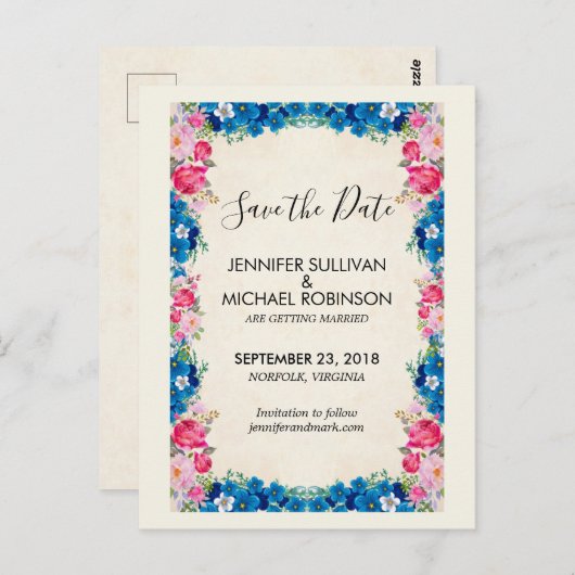 ピンクと青の花ファンシーの結婚式の日付を保存 ポストカード (正面/裏面)