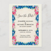 ピンクと青の花ファンシーの結婚式の日付を保存 ポストカード (正面)