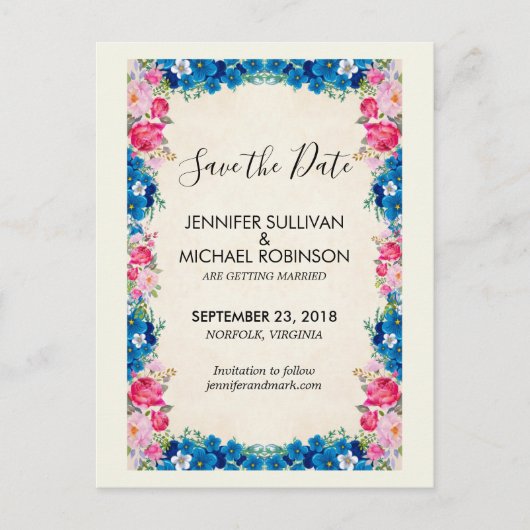 ピンクと青の花ファンシーの結婚式の日付を保存 ポストカード (正面)