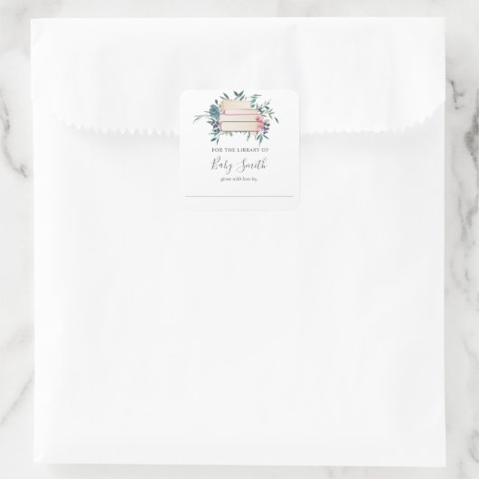 ピンクと青の花ベビーシャワー蔵書票シール スクエアシール (バッグ)