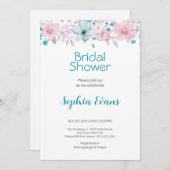 ピンクと青の花ホワイトブライダルシャワー 招待状 (正面/裏面)