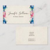 ピンクと青の花枠のファンシープロフェッショナル 名刺 (正面/裏面)