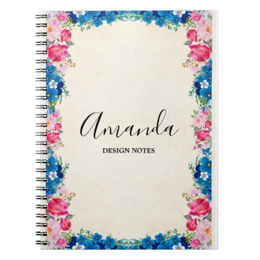 ピンクと青の花枠ファンシー ノートブック (正面)