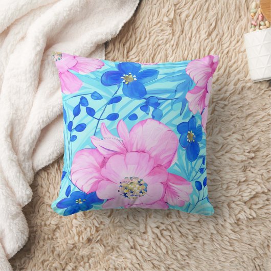 ピンクと青の花 クッション (ブランケット)
