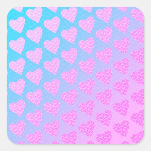 ピンクと青の落書きハートバレンタインデー スクエアシール (正面)