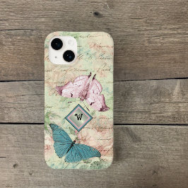 ピンクと青の蝶とバラとモノグラム Case-Mate iPhone 14ケース