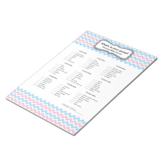 ピンクと青の赤ちゃんシャワーゲーム – 財布ゲーム ノートパッド (アングル)