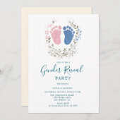 ピンクと青の足跡ジェンダー表示パーティー 招待状 (正面/裏面)