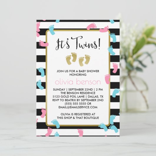 ピンクと青の金ゴールド足跡双子のベビーシャワー 招待状 (スタンド正面)