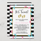 ピンクと青の金ゴールド足跡双子のベビーシャワー 招待状 (正面/裏面)