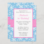 ピンクと青の雪片冬のオンダーランド 招待状 (正面/裏面)