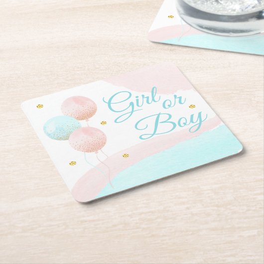 ピンクと青の風船の少年または少女の性別が明らかになる スクエアペーパーコースター (アングル)