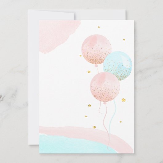 ピンクと青の風船の少年または少女の性別が明らかになる 招待状 (裏面)