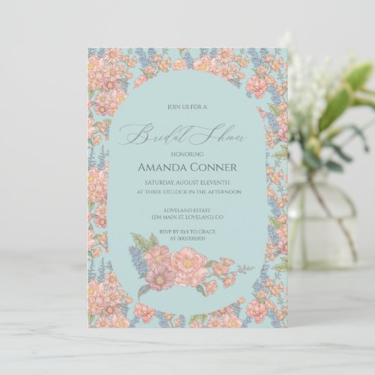 ピンクと青みすぼらしいシックなブライダルシャワー 招待状 (スタンド正面)