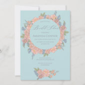 ピンクと青みすぼらしいシックな花模様ブライダルシャワー 招待状 (正面)