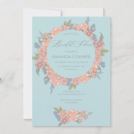 ピンクと青みすぼらしいシックな花模様ブライダルシャワー 招待状 (正面)