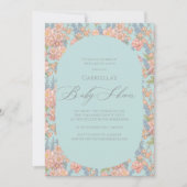 ピンクと青みすぼらしいシックな花模様ベビーシャワー 招待状 (正面)