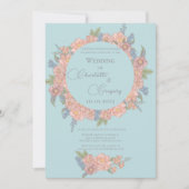 ピンクと青みすぼらしいシックな花模様結婚ズ 招待状 (正面)