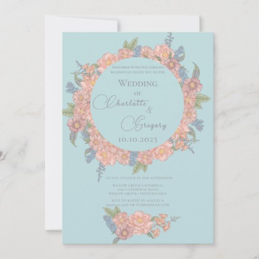 ピンクと青みすぼらしいシックな花模様結婚ズ 招待状 (正面)