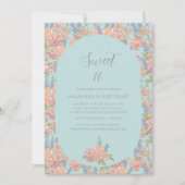 ピンクと青みすぼらしいシックな花模様16誕生日 招待状 (正面)