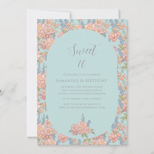 ピンクと青みすぼらしいシックな花模様16誕生日 招待状 (正面)