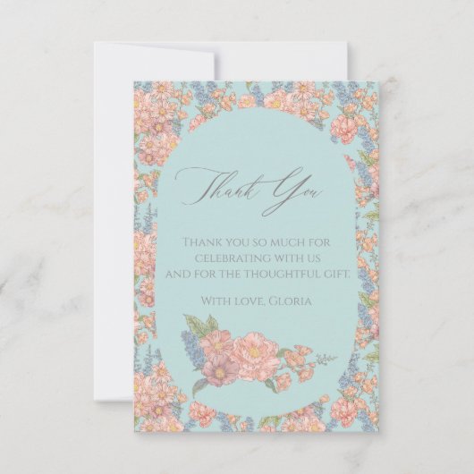 ピンクと青みすぼらしいシックな花模様 サンキューカード (正面)