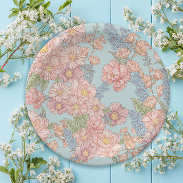 ピンクと青みすぼらしいシックな花模様 ペーパープレート