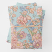 ピンクと青みすぼらしいシックな花模様 ラッピングペーパーシート (インサイチュ)