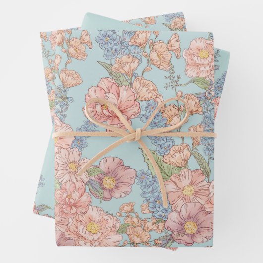 ピンクと青みすぼらしいシックな花模様 ラッピングペーパーシート (インサイチュ)