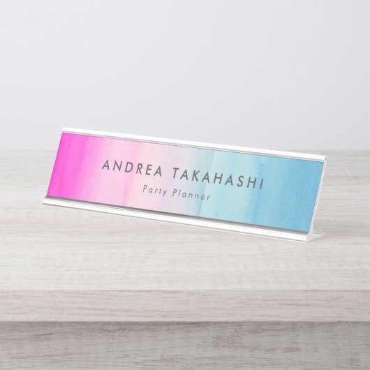 ピンクと青グラデーションの水彩 |名前の追加 デスクネームプレート (正面)