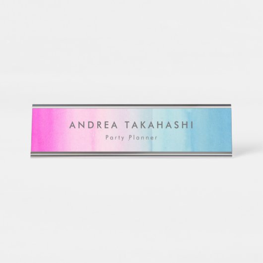 ピンクと青グラデーションの水彩 |名前の追加 デスクネームプレート (正面)