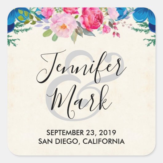 ピンクと青縁どの結婚花 スクエアシール (正面)