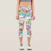 ピンクと黄色と白のパンジーの水彩画 カプリレギンス (正面)