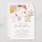 ピンクと黄色のお洒落バードケージブライダルシャワー 招待状 (正面)