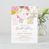 ピンクと黄色のお洒落バードケージブライダルシャワー 招待状 (スタンド正面)