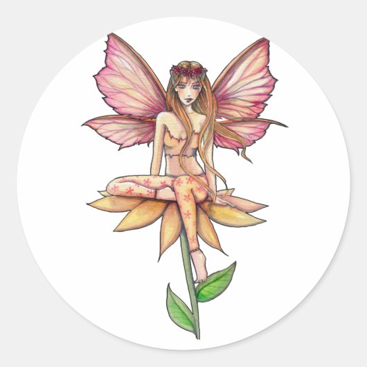 ピンクと黄色のお花の妖精ステッカー ラウンドシール (正面)