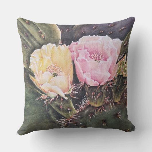 ピンクと黄色のとげのある梨サボテンの花 アウトドアクッション (裏面)
