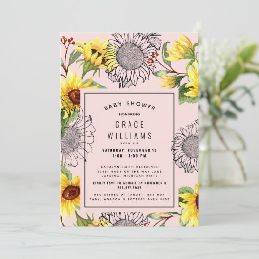 ピンクと黄色のひまわり赤ちゃんシャワー招待状 招待状 (スタンド正面)