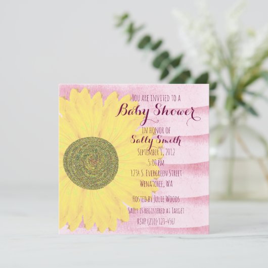 ピンクと黄色のひまわり赤ちゃんシャワー招待状 招待状 (スタンド正面)
