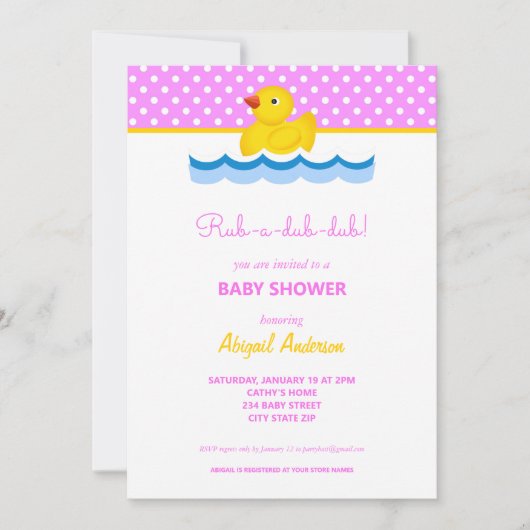 ピンクと黄色のアヒル水玉模様のベビーシャワー 招待状 (正面)