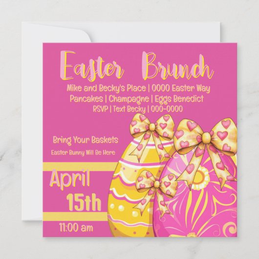ピンクと黄色のイースターエッグブランチ 招待状 (正面)